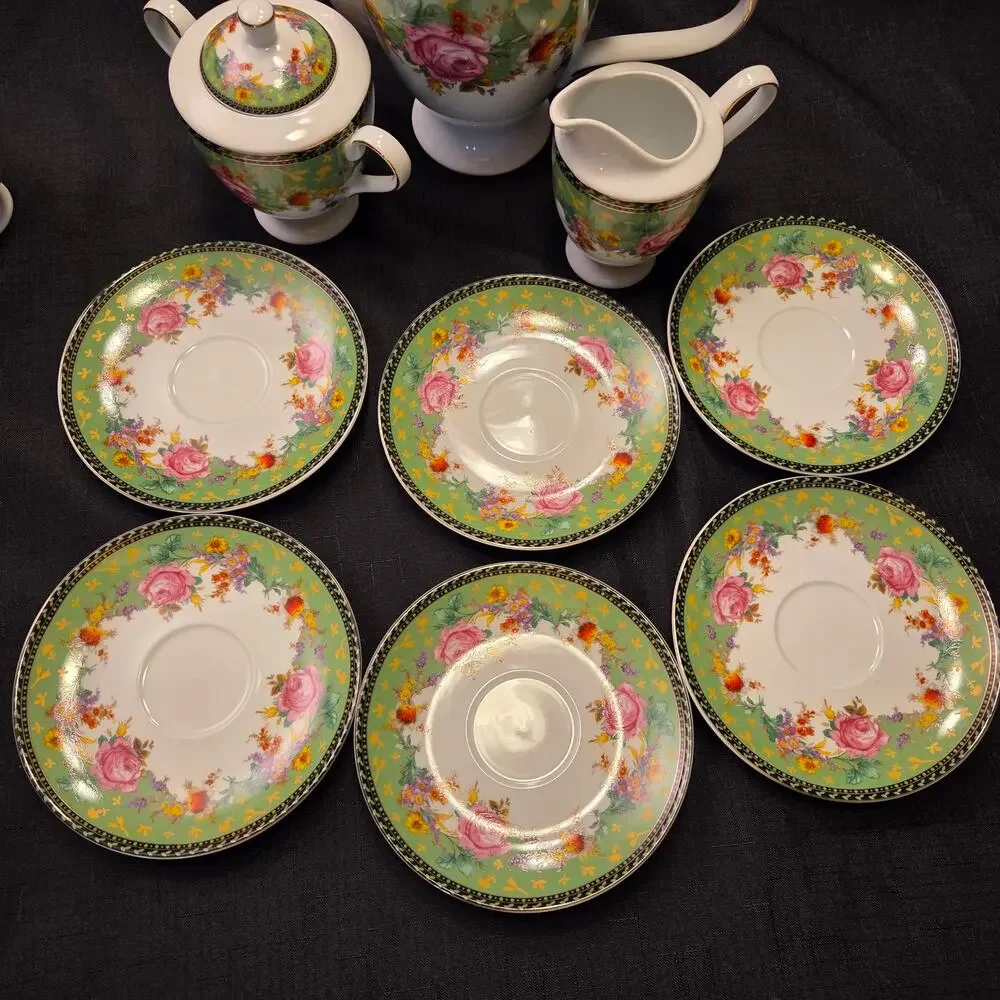 Royal Scotland Pink Rose on Green background Tea Set